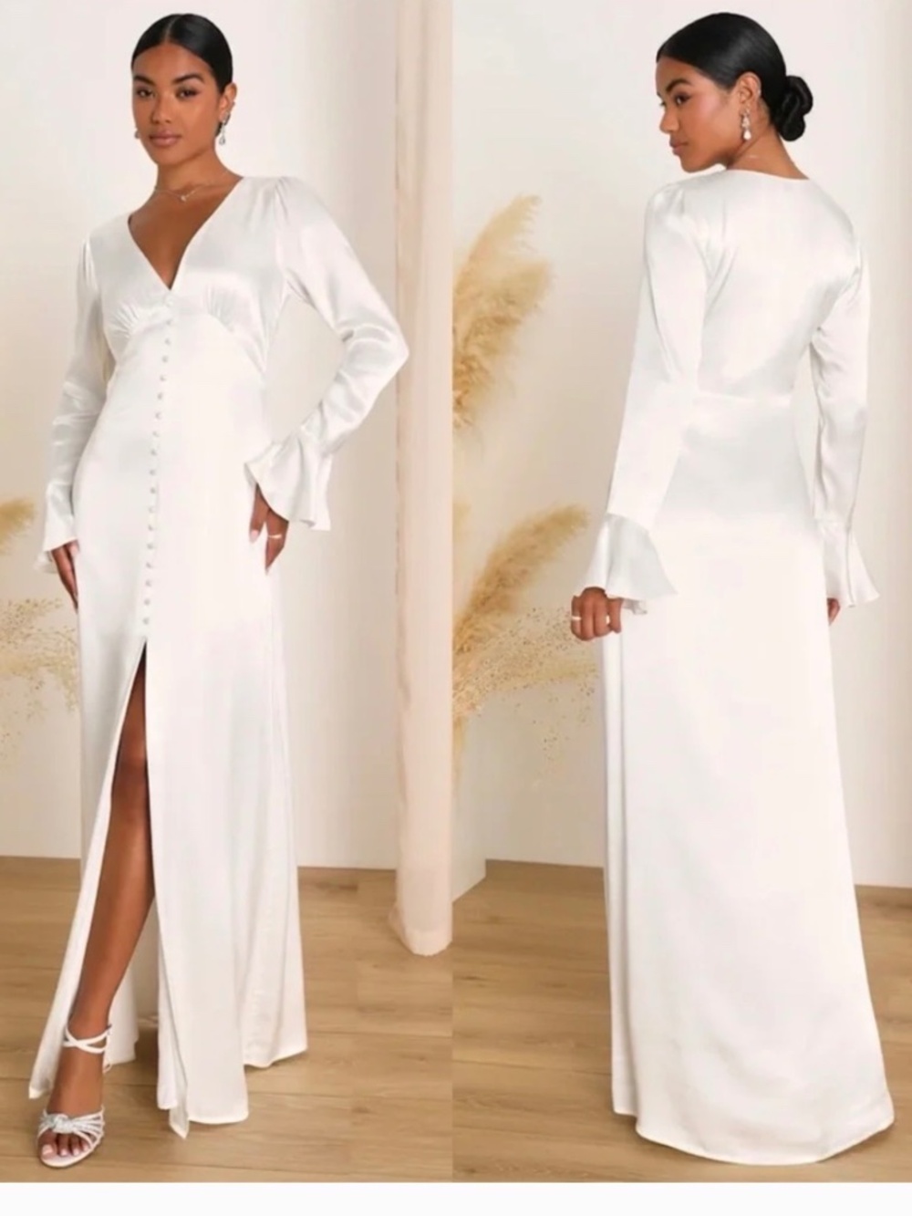 NWOT Lulus Elegant Celebration White Satin Long Sleeve Slip Maxi Wedding Dress S